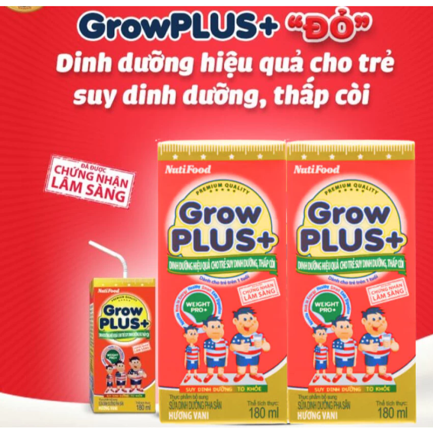 Sữa Nước Pha Sẵn Nutifood Grow PLUS + Đỏ (Suy Dinh Dưỡng) - Trên 1 Tuổi - Tăng Cân, Tăng Chiều Cao (Lốc 4 Hộp) 110ml