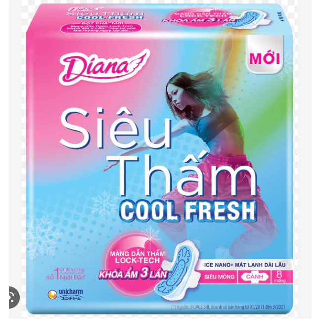 Băng Vệ Sinh Diana Siêu Thấm Cool Fresh Mỏng Cánh (8 miếng)